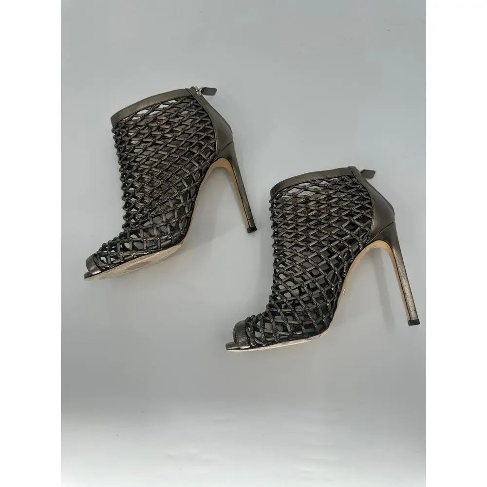 Gucci Eline Metallic Bronze Woven Leather Cage Peep Toe Booties Women's EU 37.5